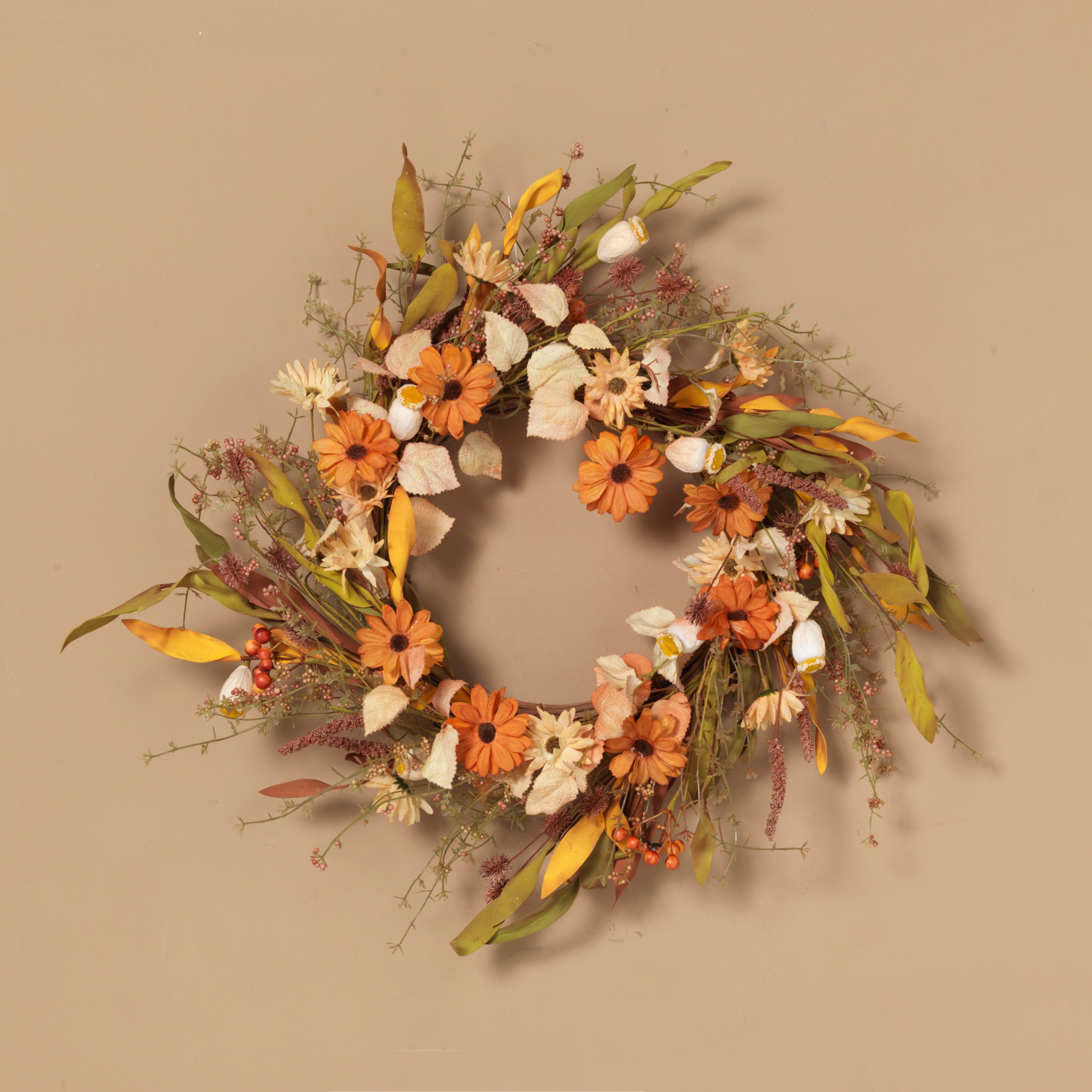 22-Inch Diameter Harvest Wreath with Fall Flowers and Berries